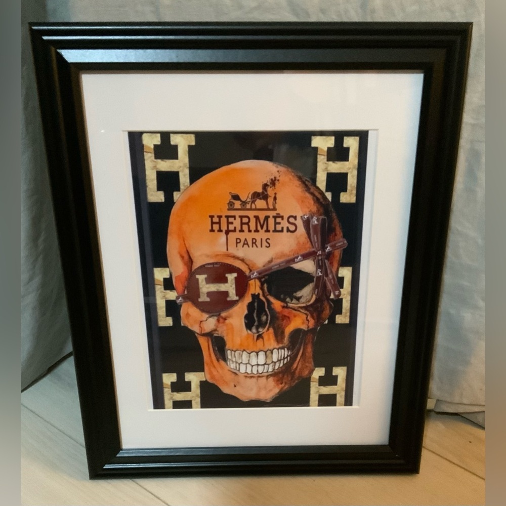 Framed Hermès-Inspired Skull Art |10” x 13” Black Frame Edgy Designer Wall Decor